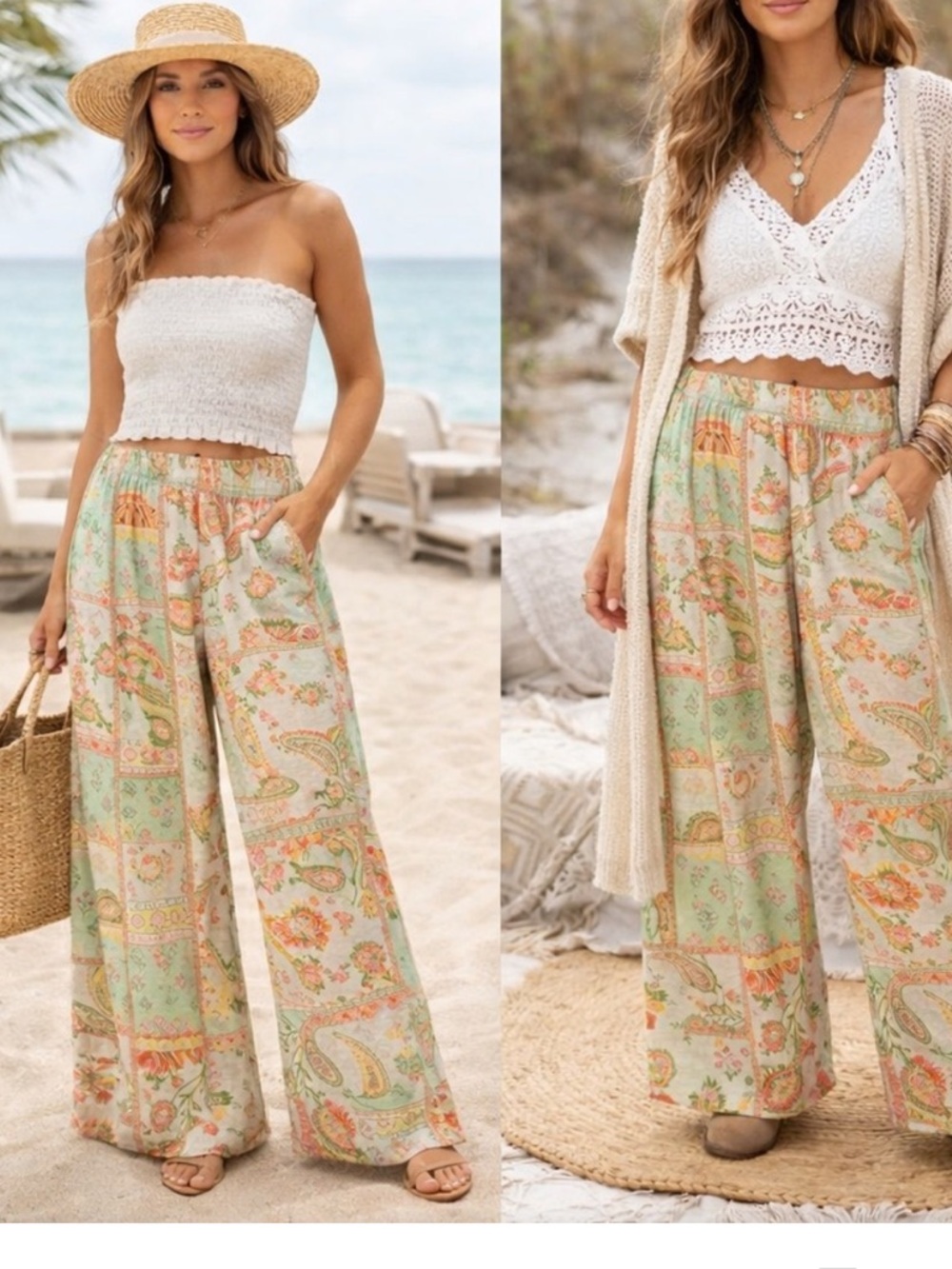 Boho Chic Rose Olive Paisley Wide Leg Flowy Palazzo Pants Patchwork Style Sz XL